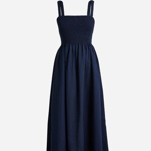 NWOT Navy J Crew Smocked beach dress in linen-cotton blend Small